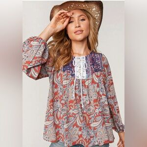 Red blue floral boho long sleeve top New